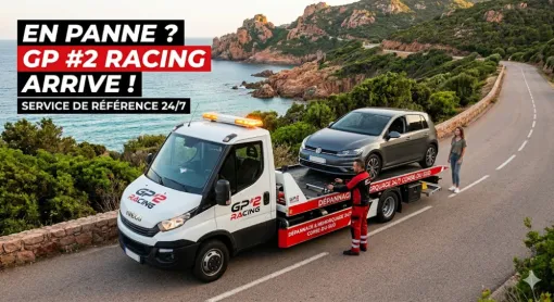 Une dépanneuse moderne et propre, aux couleurs de GP #2 RACING, est garée sur le bas-côté d'une route côtière sinueuse (typiquement entre Roccapina et Bonifacio). Le gyrophare orange est activé pour la sécurité.