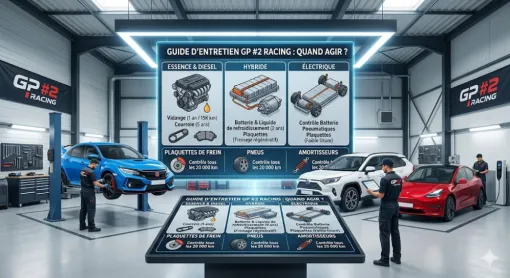 Cette image présente un guide visuel détaillé conçu par GP #2 Racing pour aider les automobilistes à planifier l'entretien de leur véhicule, qu'il soit thermique (essence ou diesel), hybride ou 100% électrique.  Elle se compose d'une infographie centrale claire et d'une scène de garage réaliste.