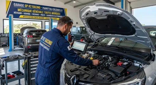 Mécanicien du garage GP #2 RACING à Pianottoli-Caldarello effectuant un diagnostic électronique sur un moteur de voiture, avec l'enseigne du garage visible en arrière-plan.